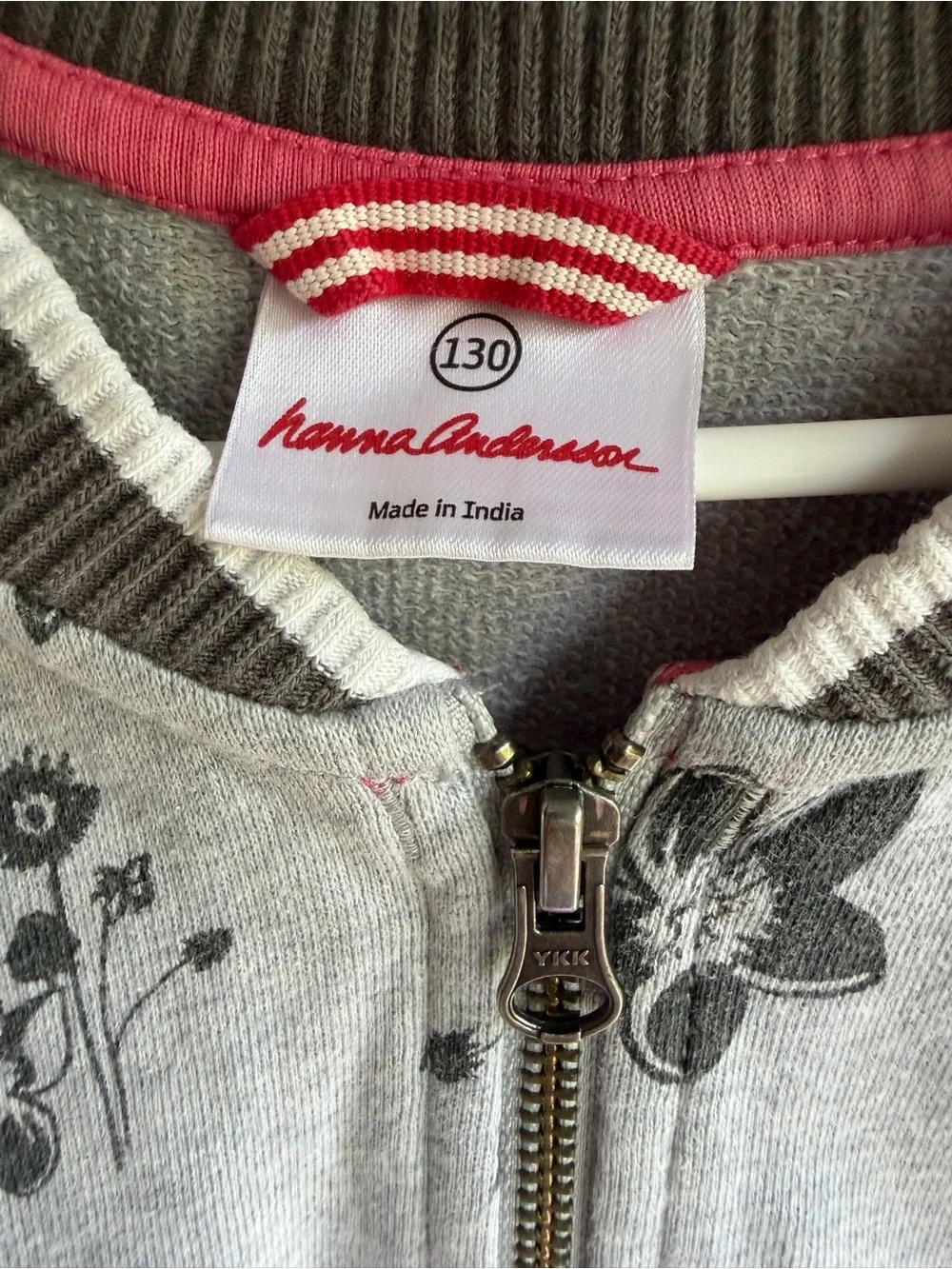 Hanna Andersson Gray Floral Zip-Up Bomber Jacket with Pink Pocket Lining